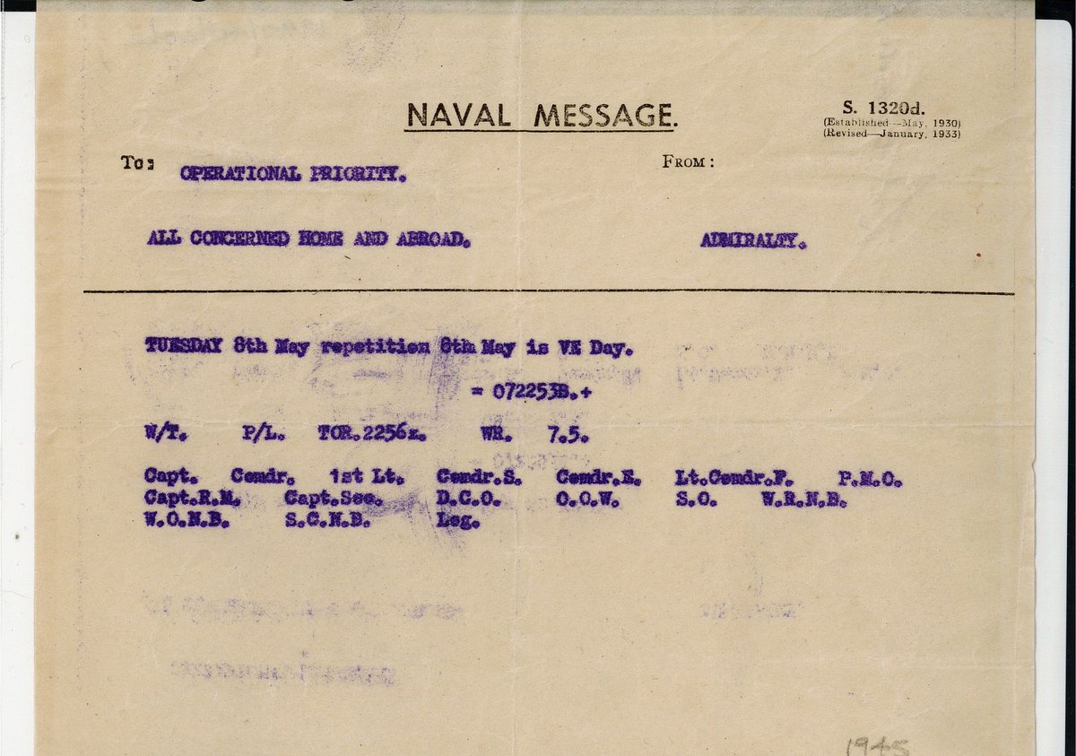 NatMuseumRN's tweet photo. 8 May 1945 marked the end of the Battle of the Atlantic, one of the defining campaigns of the Second World War

Codebreaking, escorts &amp; long-range aircraft slowly turned the tide, but at devastating human cost

https://t.co/z4ash7NHTh

📷 Portsmouth 8 May 1945
📷Admiralty Message https://t.co/BSGwQrvKRt