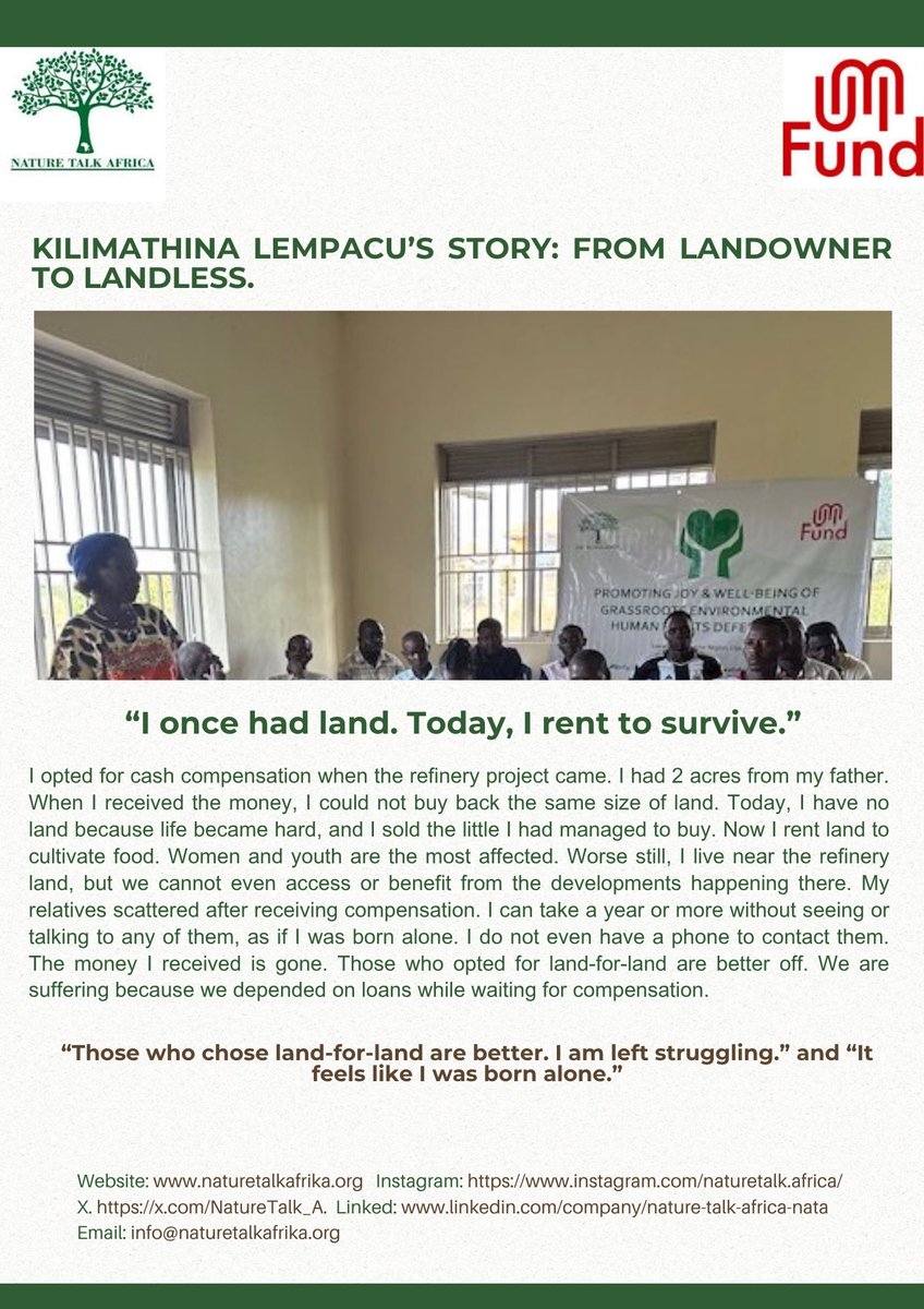 NatureTalk_A's tweet photo. "I used to own land, now I rent it." Lempacu was displaced from her land, separated from family,with no income. Her orange and jackfruit trees now feed soldiers on what was her land in nyahaira.
Government must plan for resettlement &amp; livelihood restoration  after displacement. https://t.co/zzHqeTmL5w