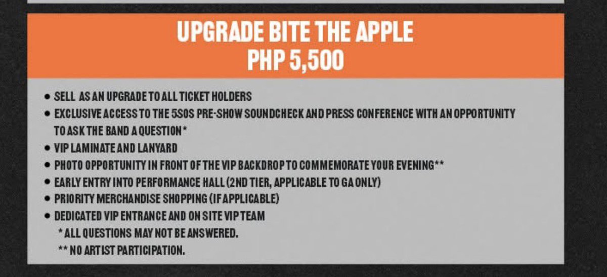 yujinseul's tweet photo. @yoonminsjin hii bite the apple is an upgrade to any ticket for you to avail soundcheck + press conference and these perks! (i.e. you can be box regular and still have these perks if you avail it) butttt you need an existing ticket to avail this. https://t.co/ATXHkSvvWI