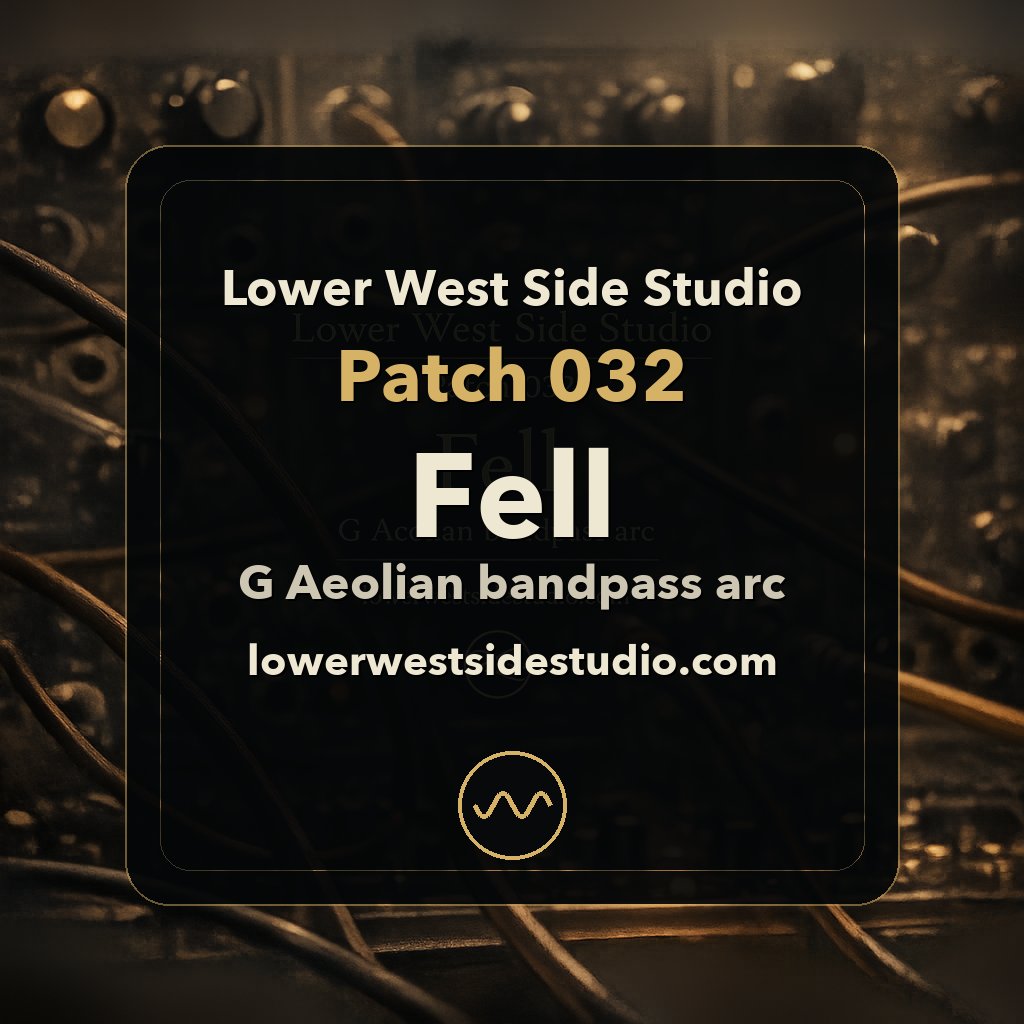 LowerWestSideS's tweet photo. Patch 032 — Fell

G Aeolian. Bandpass. Half-note kick.

Same G root as the trilogy, but now parallel minor: G→Bb opens the phrase, Eb3 is the apex, and one sparse kick lands on the root.

Full patch PDF: https://t.co/SPJfWGgZaS

#modularsynth #5Umodular #LWSS https://t.co/tBOHb7qOFE