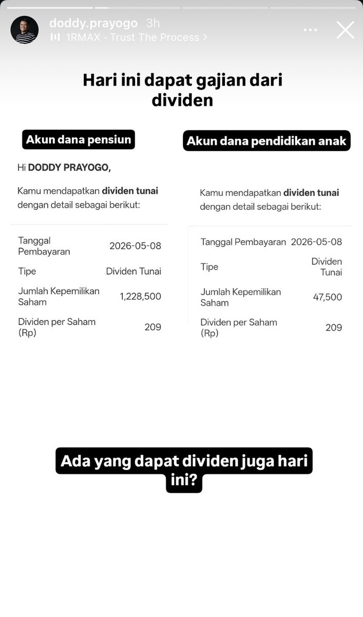 Guys ini baru level “gajian dari dividen” beneran sih.
Dari story itu kelihatan dia punya saham BBRI:

Akun dana pensiun
1.228.500 lembar

Akun dana pendidikan anak
47.500 lembar

Total kepemilikan:
1.228.500 + 47.500
= 1.276.000 lembar saham

Atau setara:
= 12.760 lot

Harga