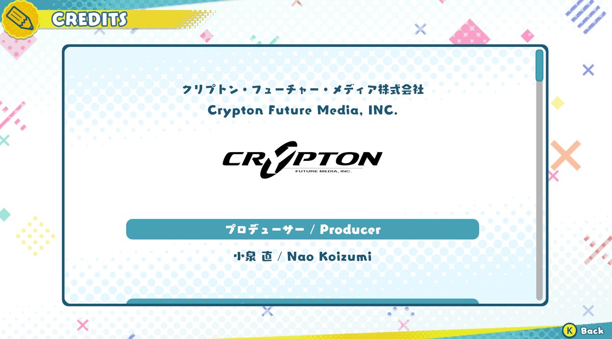 日本人向けゲームの英語版の表記例として参考になりそう
日本語/英語
で併記する
これならCREDITS画面が一画面で済む