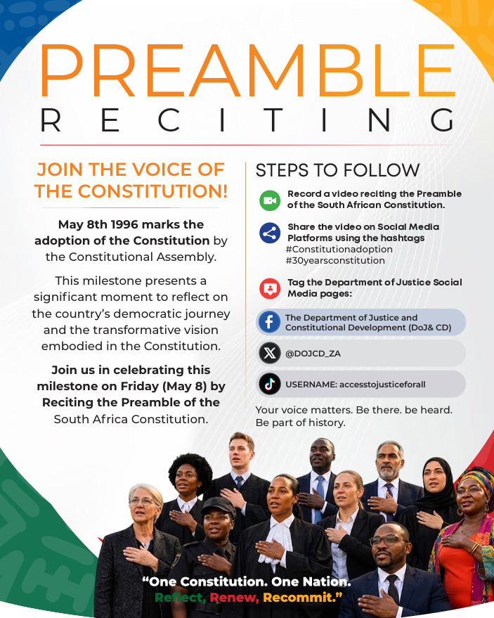 UctLaw's tweet photo. 30 years of our extraordinary Constitution! Today marks 30 years since the adoption of the new South African Constitution by the Constitutional Assembly (8 May 1996). Says the Dept of Justice: "This milestone presents a significant moment to reflect on the country’s democratic journey and the transformative vision embodied in the Constitution, widely regarded as one of the most progressive in the world." #30Years