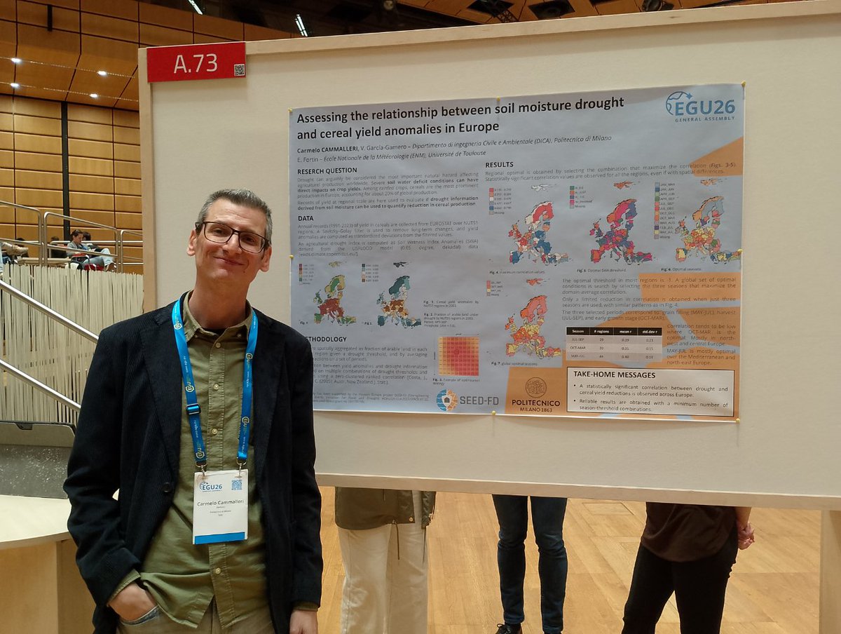 seed_fd's tweet photo. ✨ This week at #EGU26, SEED-FD featured a poster at @EuroGeosciences on how low soil moisture can lead to reduced cereal harvests in Europe. 
This helps to better anticipate drought impacts on agriculture. 🌾
#seed_fd #HorizonEurope https://t.co/iRbzFPRnHS