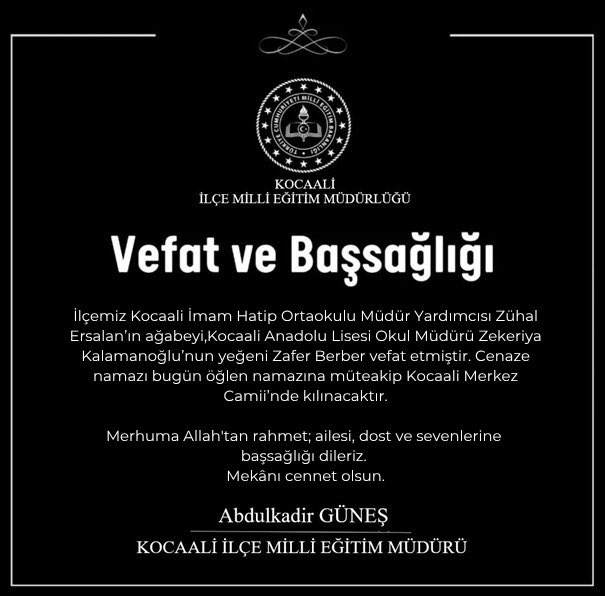 Vefat ve başsağlığı 

<a href="/tcmeb/">Millî Eğitim Bakanlığı</a> 
<a href="/SakaryaValiligi/">T.C. Sakarya Valiliği</a> 
<a href="/sakaryamem/">Sakarya İl Millî Eğitim Müdürlüğü</a> 
<a href="/coskunbakirtas/">Coşkun BAKIRTAŞ</a> 
<a href="/gunes_36/">Abdulkadir Güneş</a>