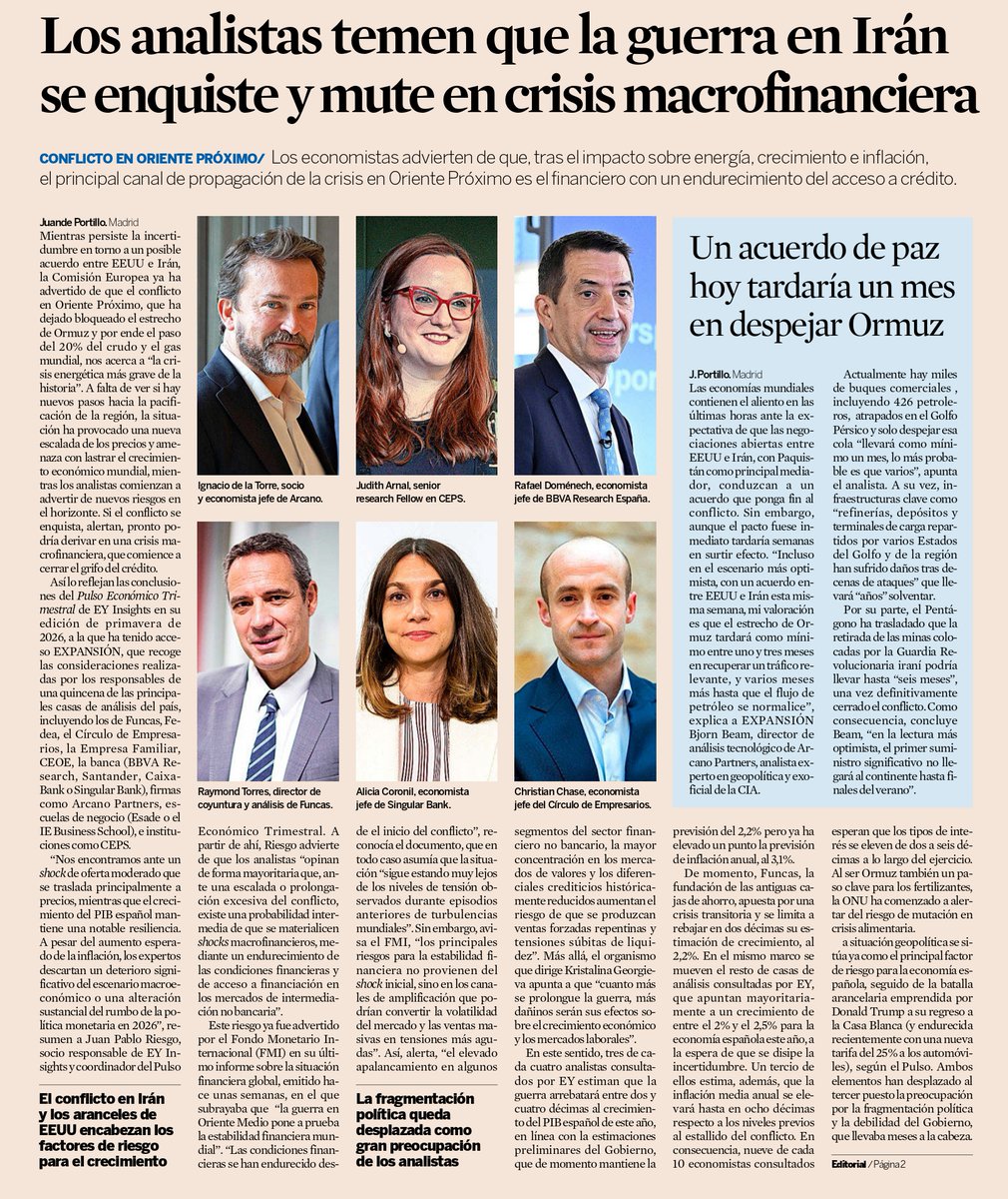 circulodempresa's tweet photo. 📰  Los analistas temen que la guerra en Irán se enquiste y mute en crisis macrofinanciera.

Desde el Círculo de Empresarios compartimos nuestra participación en este análisis publicado en @expansioncom, en el que interviene nuestro Chief Economist, @ChristianDChase.

Los economistas advierten de que, tras el impacto inicial sobre la energía, el crecimiento y la inflación, el principal canal de propagación de la crisis en Oriente Próximo podría ser el financiero, a través de un endurecimiento del acceso al crédito.