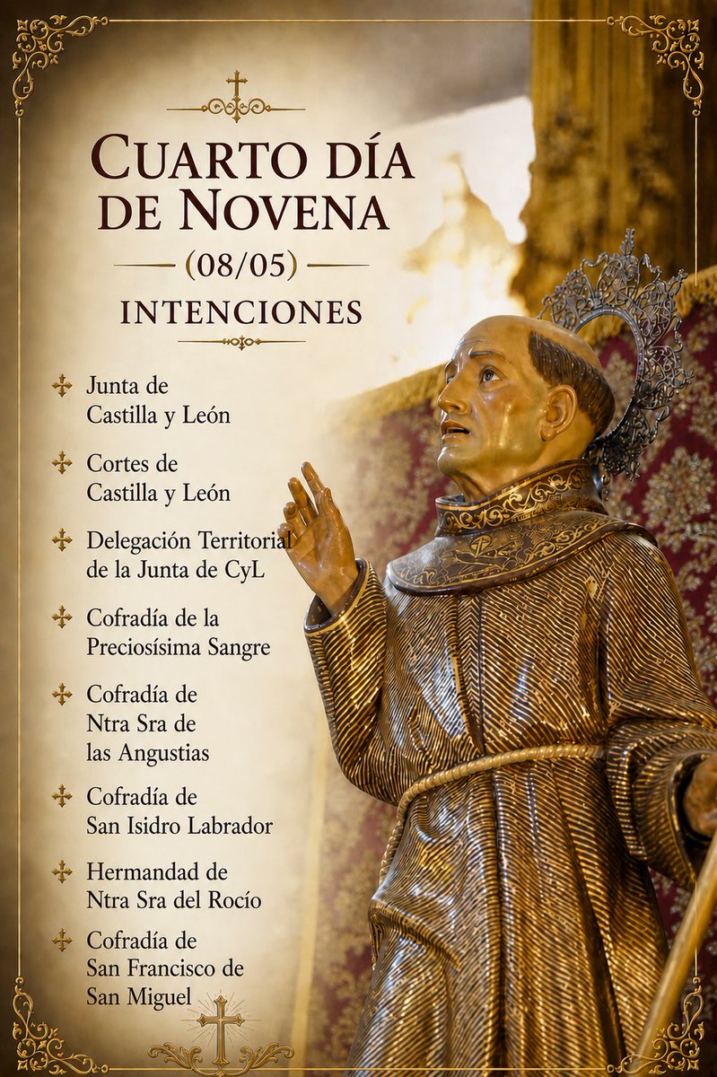 𝐍𝐨𝐯𝐞𝐧𝐚 𝐞𝐧 𝐡𝐨𝐧𝐨𝐫 𝐚 𝐒𝐚𝐧 𝐏𝐞𝐝𝐫𝐨 𝐑𝐞𝐠𝐚𝐥𝐚𝐝𝐨

Cuarto día de la novena en honor al Patrón de Valladolid.

𝟷𝟾:𝟺𝟻: 𝒮𝒶𝓃𝓉𝑜 ℛ𝑜𝓈𝒶𝓇𝒾𝑜
𝟷𝟿:𝟷𝟻: 𝒮𝒶𝓃𝓉𝒶 ℳ𝒾𝓈𝒶 𝓎 𝑒𝒿𝑒𝓇𝒸𝒾𝒸𝒾𝑜 𝒹𝑒 𝓁𝒶 𝒩𝑜𝓋𝑒𝓃𝒶