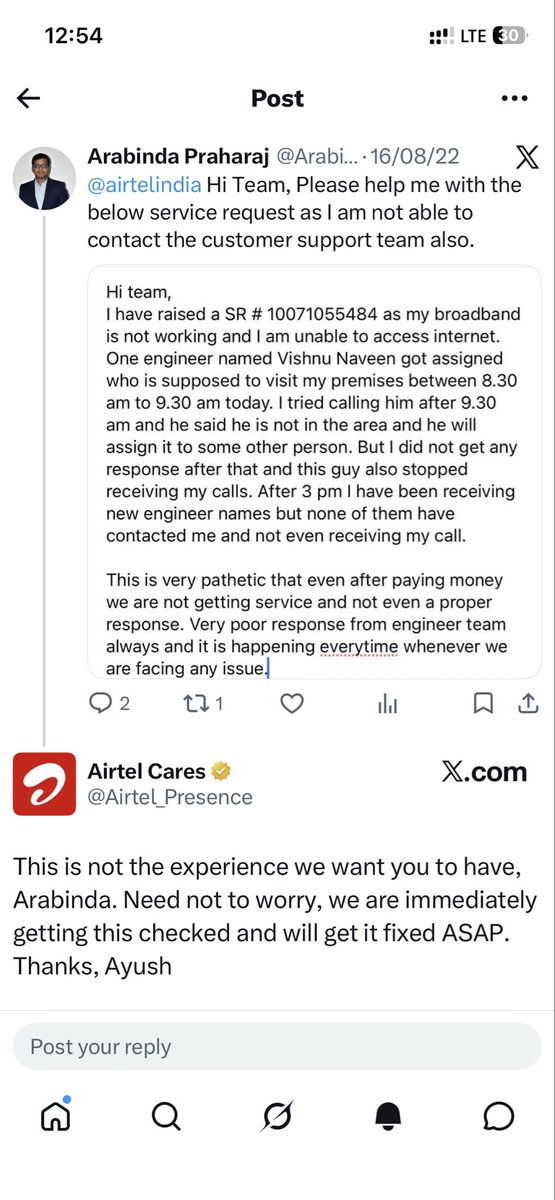 ArabindaPrahar3's tweet photo. @airtelindia @Airtel_Presence Old post from 2022. For your reference. @airtelindia @Airtel_Presence https://t.co/9XprwyWcZ5