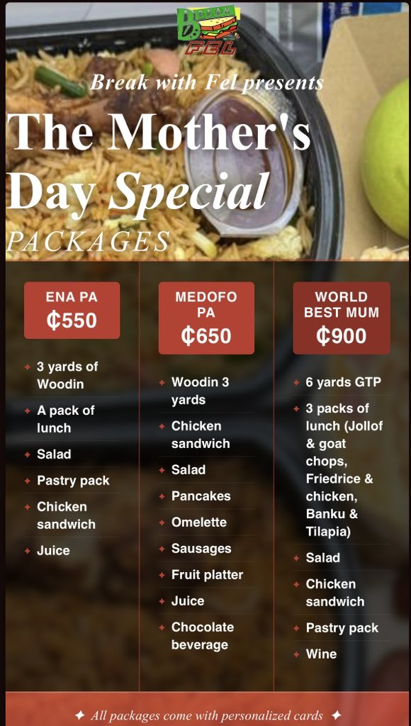 Maame_Datebea's tweet photo. MOTHER’S DAY IS THIS SUNDAY 🎉🎉🎉

0557610007 call or WhatsApp!!! Lets sort you out!

You can order something entirely different from the package list, just talk to us🙂 https://t.co/JMI5Wc68FZ