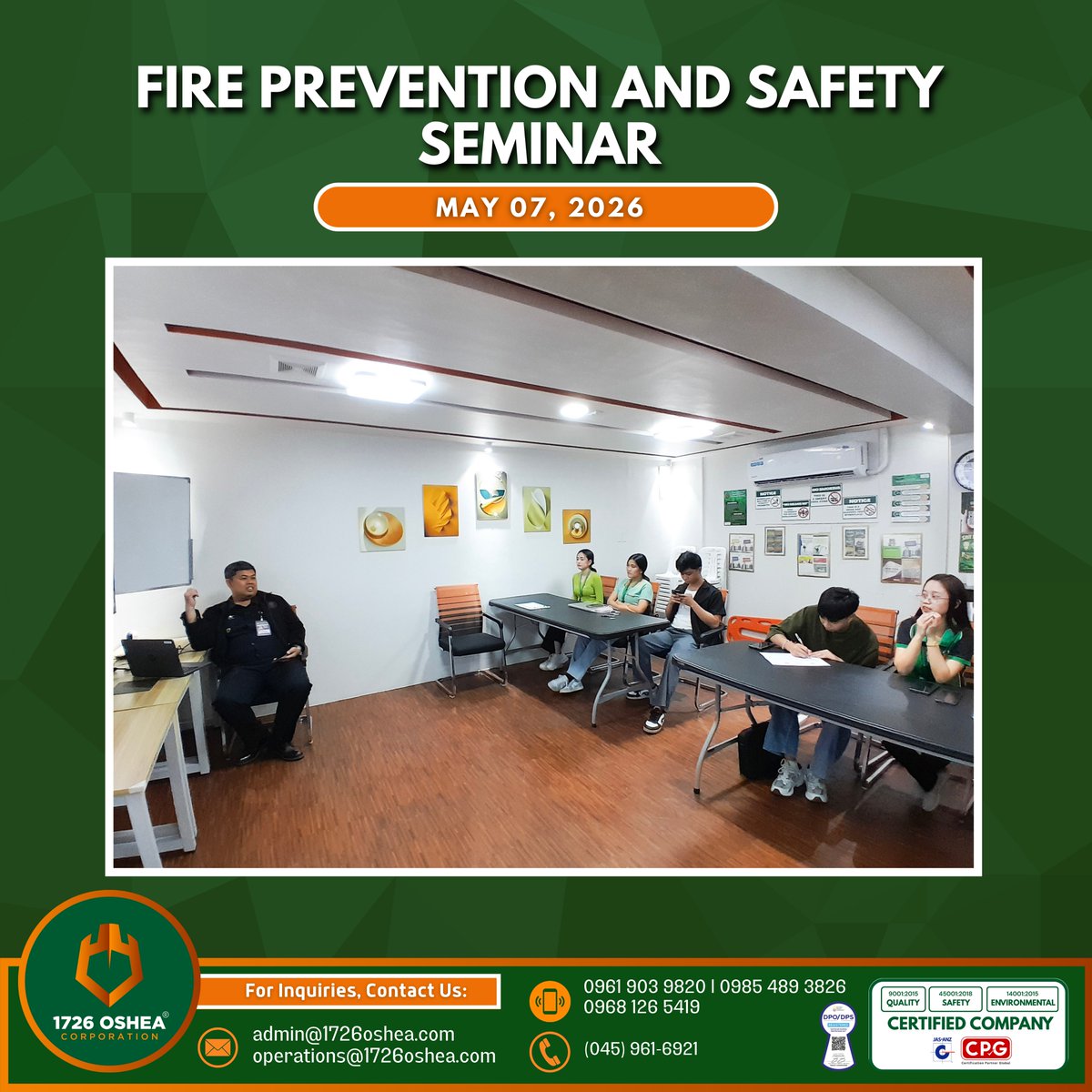 OsheaCorp's tweet photo. Fire safety seminars play a vital role in saving lives and protecting property 🏢🧯 1726 OSHEA Corporation is committed to this mission.

📝 Secure your slot now:
https://t.co/xoHUhTDUvh

📞 Need assistance? Reach out:
📱 0985 489 3826 | 0919 084 0692 | 0968 126 5419 https://t.co/NE5DTmjZ4p