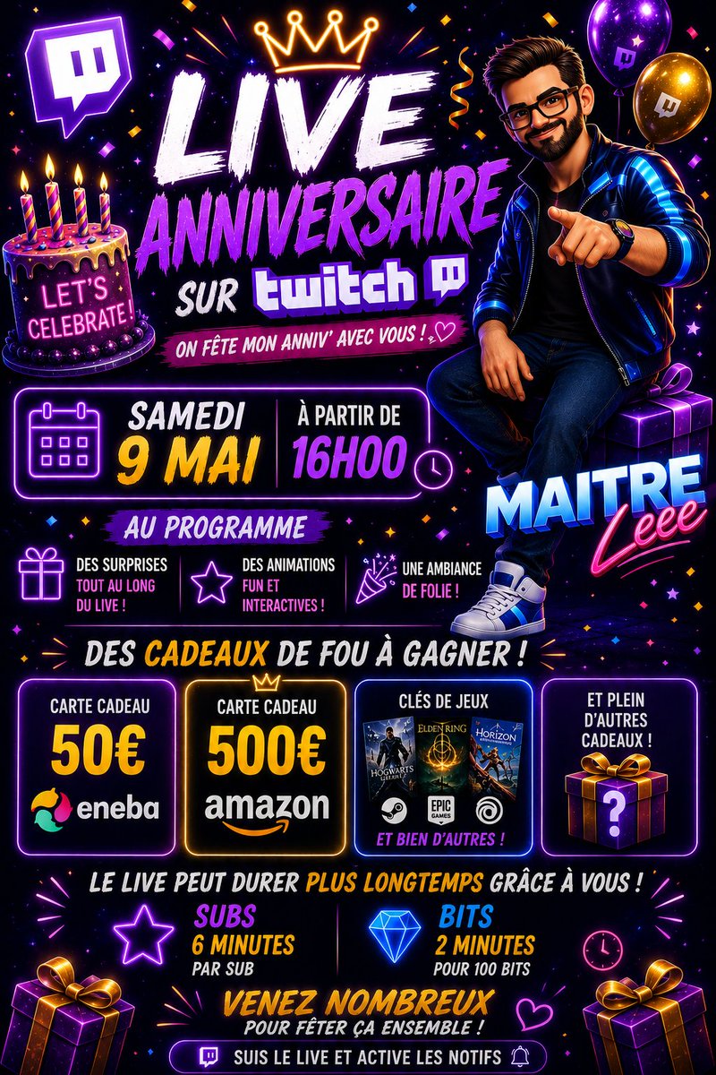 maitreleee's tweet photo. https://t.co/eUXSvMHMw1
📷📷 LIVE ANNIVERSAIRE EXCEPTIONNEL 📷📷 📷 SAMEDI 9 MAI 📷 À PARTIR DE 16H00 SUR TWITCH   📷 Venez nombreux pour fêter ça avec moi ! 📷 Active les notifications pour ne rien rater ! https://t.co/ejjLREPuhX