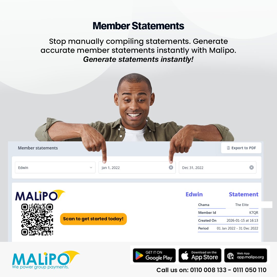 AppMalipo's tweet photo. Tired of turning your Chama weekend into bookkeeping marathon?  Generate professional chama statements with a few clicks.

Playstore: https://t.co/gmzL0aUMZF
Appstore: https://t.co/a7N2PsXTdW
Web https://t.co/6SRTJQtg3b
#happyfriends #happytreasurer https://t.co/zCcHjqxoR4