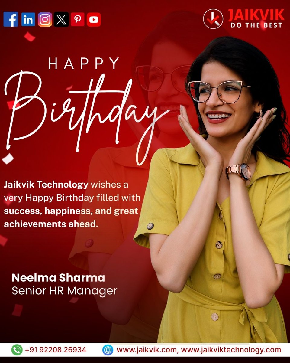jaikvik's tweet photo. Happy Birthday to our amazing Senior HR Manager at Jaikvik Technology India Pvt. Ltd. 🎉
Wishing you success, happiness &amp; a wonderful year ahead! 🎂✨
#HappyBirthday #HRManager #JaikvikTechnology #TeamJaikvik https://t.co/dEMvORabkA
