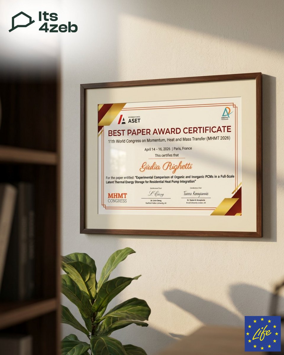 its4zeb's tweet photo. 🏆 Congratulations to Giulia Righetti (University of Padova)!

Her presentation of LIFE iTS4ZEB results received the Best Paper Award at #MHMT2026. 👏

#LIFEiTS4ZEB #Innovation #PCM https://t.co/AyCQy6kakm