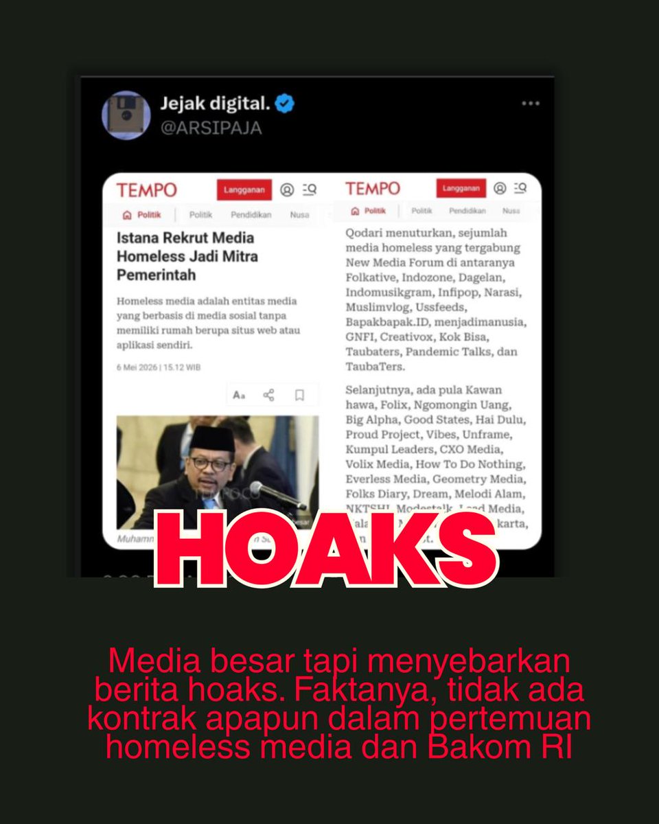 Media besar harusnya jadi rujukan, tapi kalau narasinya melintir, kita wajib bersuara. Ingat, Katanya Faktanya beda jauh sama yang dituduhkan di postingan viral itu. Bantu share buat #LuruskanTempo ya!