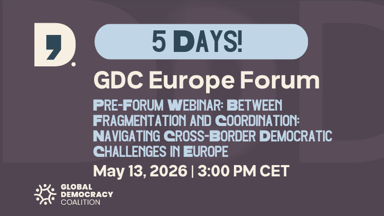 GloDemCoalition's tweet photo. Five days to go: don’t miss this conversation!

On Wednesday, May 13, we’ll be convening a timely Europe Pre‑Forum Webinar to examine how cross‑border threats are challenging democratic governance across the continent, often faster than political and institutional frameworks can adapt.

‘Between Fragmentation and Coordination: Navigating Cross‑Border Democratic Challenges in Europe’ will explore how disinformation, interference, and digital manipulation operate across European contexts, and where nationally anchored responses are falling short. The discussion will look at the tension between interconnected risks and fragmented action, the barriers that limit coordination, and the questions Europe must confront to strengthen democratic resilience.

We’re bringing together an outstanding group of speakers, including Dr. Slagjana Taseva, former Dean and Executive Secretary of the @IACA_Academy and long served Member of the Academic Advisory Board of the IACA, Giovana Fleck, Media Innovation Manager at @RNW_Media, Ognjen Karadžić, Digital Democracy Research Coordinator at @DemocracyR, and Khushbu Agrawal, Adviser for the Money in Politics team at @Int_IDEA. The webinar will be moderated by Elisenda Balleste Buxo, Programme Manager, Global Democracy Coalition.

Insights from the webinar will feed directly into the 2026 GDC Europe Regional Forum in Prague and the Europe Regional Report. Join us online on Wednesday, May 13, 2026, at 3:00 PM CET, 9:00 AM ET, via Zoom, with a livestream on the GDC YouTube channel. Registration details are in the comments.