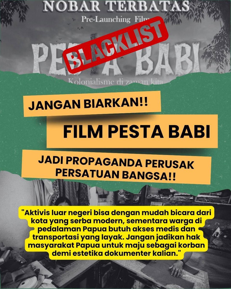 PAPUATETAPNKRI's tweet photo. Jangan biarkan narasi sepihak melalui film Pesta Babi dijadikan alat propaganda yang dapat memecah persatuan bangsa. 
#JagaPersatuanBangsa
#PapuaMajuIndonesiaKuat https://t.co/n07jTnTivu