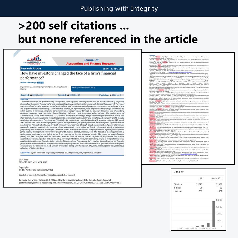 fake_journals's tweet photo. More than 200 self-citations, but not actually cited in the article.

I was drawn to an article as somebody posted about a Google Scholar profile (which showed 2,883 citations in 2025 and (already) 17,105 in 2026 - an h-index of 90). There is a link to the account below.

--- The article ---

I randomly chose an article (so many others may have similar issues) from the Google Scholar profile and noticed that:
⚫️ It self-cites over 200 times
⚫️ None of the references in the reference list - for this author - (as far as I can see) are cited in the article text.

--- The journal ===

I tried to find the journal using search, its ISSN and the DOI (which was not found) of the article but it all got a little confusing, suggesting that either the journal does not exist, it is a cloned journal or the web site is just not functioning correctly.

If you want to take a look yourself, the citation given is:

Yahaya, O. A. (2026). How have investors changed the face of a firm's financial performance? Journal of Accounting and Finance Research, 7(1), 1-28. DOI: https://10.11651/jafr.2026.v7.i1.1 

--- So what? ---

Of course, this is Google Scholar profile is nonsense - as are the articles - so you may say, so what?

In my view (but may br wrong), this is done purely to manipulate Google Scholar. 

This should worry all of us as if it can be manipulated at this scale what is to stop people just "manipulating it a little bit", which would be much harder to spot.

--- Comments/views ---

Any views/comments would be welcome.

--- The links ===

I have captured the Google Scholar account and also uploaded a copy of the article to Wayback Machine.

Google Scholar: https://t.co/BL2JZwWUG0 (archived at https://t.co/NUQwazA5fY)
Article: https://t.co/CkuRjpkpzG