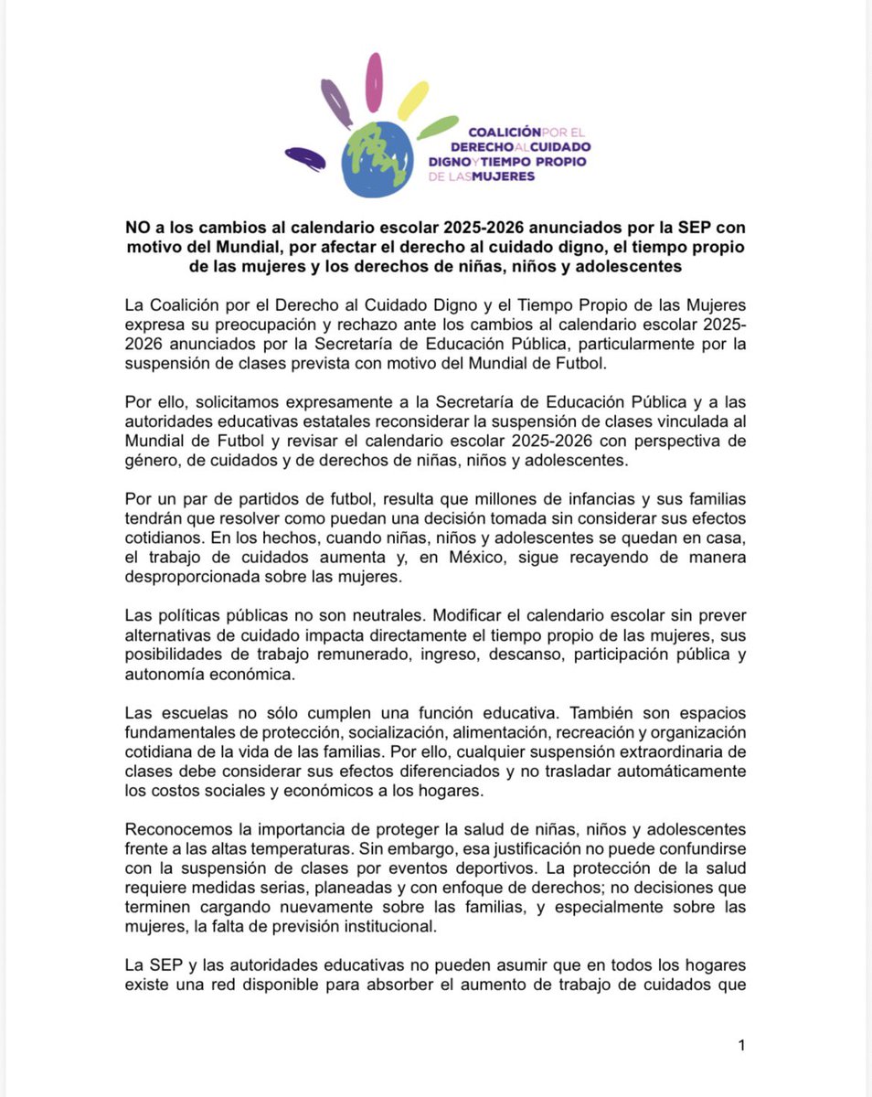MarthaTagle's tweet photo. Como integrante de la Coalición por el Derecho al Cuidado Digno y Tiempo Propio de las Mujeres me suma al llamado a la @SEP_mx a reconsiderar los cambios al calendario escolar. Conoce y difunde este posicionamiento.

#PorUnMéxicoQueCuide
#LosCuidadosAlCentro https://t.co/xn2QbSF6eQ