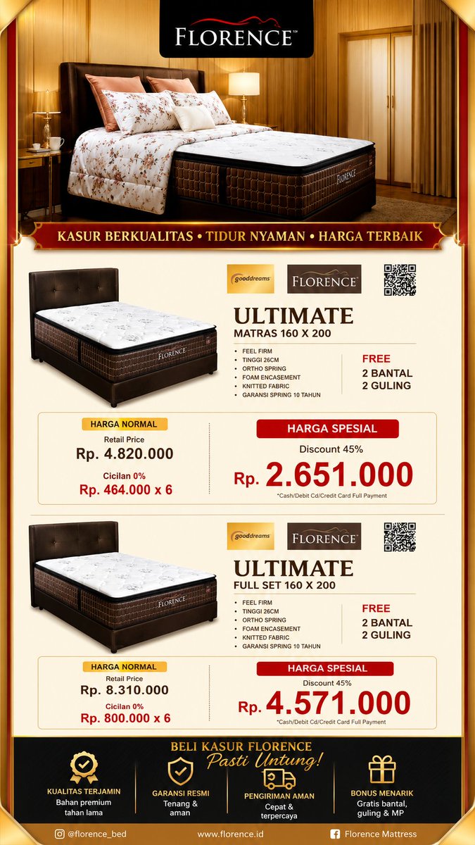 haeesiss's tweet photo. ✨ Tidur lebih nyaman, bangun lebih segar ✨
Saatnya upgrade kualitas istirahatmu dengan kasur premium dari Florence 🤍

🔥 PROMO SPESIAL FLORENCE 🔥
🛏️ Ultimate Mattress 160x200
💰 Harga spesial mulai 2 jutaan!

✔️ Garansi spring hingga 10 tahun
✔️ Bonus FREE bantal &amp; guling https://t.co/DsNnGqWeJY