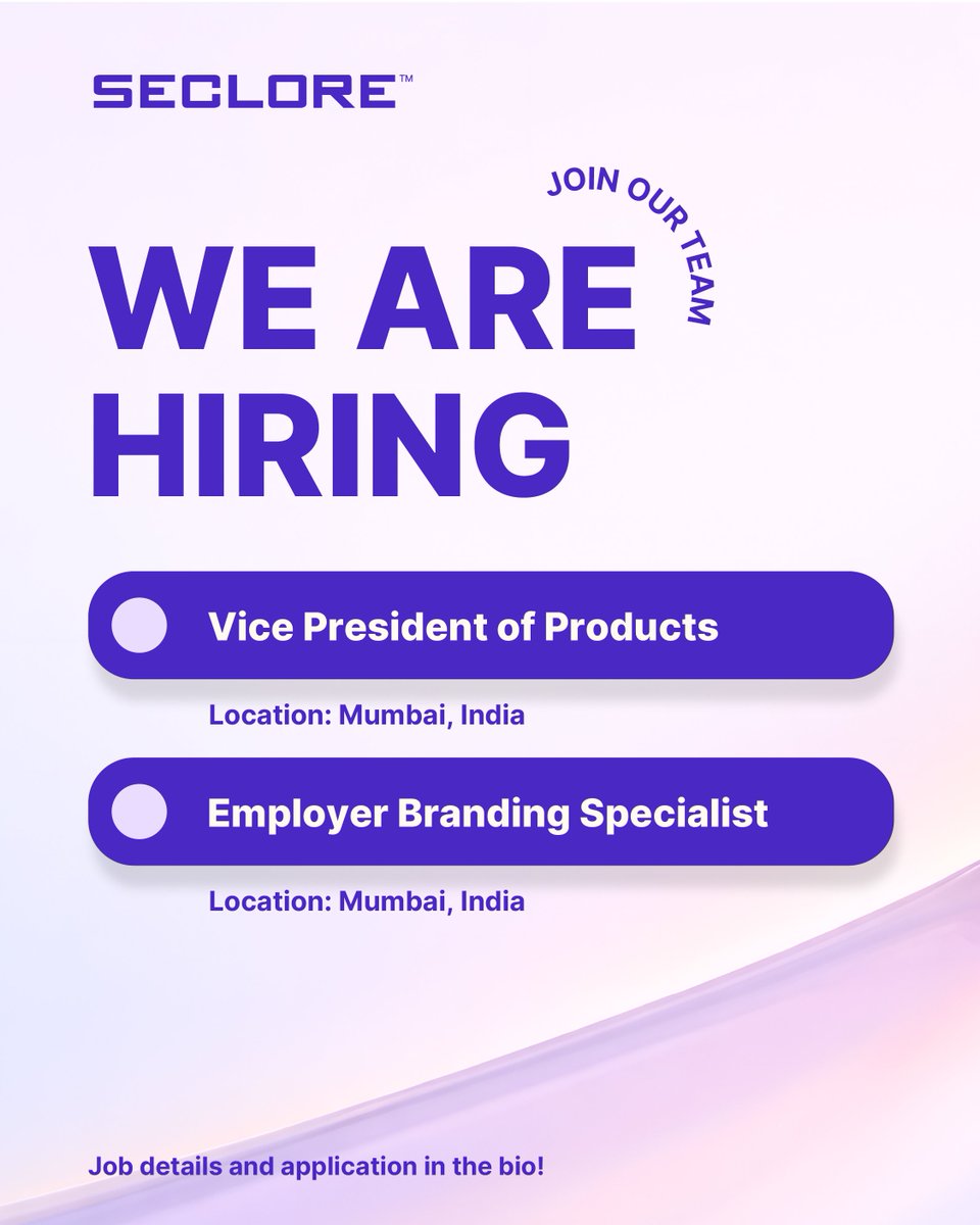 secloretech's tweet photo. Seclore is hiring a VP of Product and an Employer Branding Specialist. Define product vision at scale. Shape the story that attracts top talent. 

Apply Today: https://t.co/SyZeyyp1cy

#Seclore #LifeAtSeclore #ProductLeadership #EmployerBranding #Hiring https://t.co/bORBj0qPVR