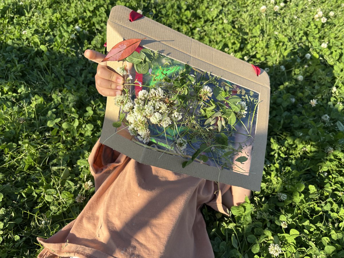 2525lifew's tweet photo. GWに河川敷でお花摘みして、インスタで見たかわいいのにはならなかったけど、葉っぱやシロツメクサをいっぱい貼ってたの。草花興味ないかな〜って思ってたら昨晩河川敷の絵を描き始めて、お花もいっぱい描いてて興味持ってもらえたのかな？と感動🥺 https://t.co/Nu2kySxoBX