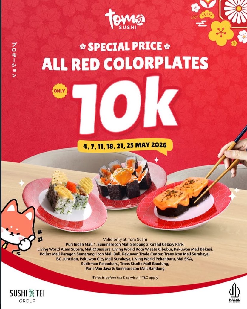 avcdozpiw's tweet photo. GUYS, Tom Sushi plate merah cuma 10K. fix bakal diserbu sih 🍣
tapi cuma di tanggal &amp; cabang tertentu ya, cek dulu sebelum gas 😭👇🏻

btw menu plate merah favorit kalian apa? rekomen dong, biar aku next cobain https://t.co/7l595g26VI