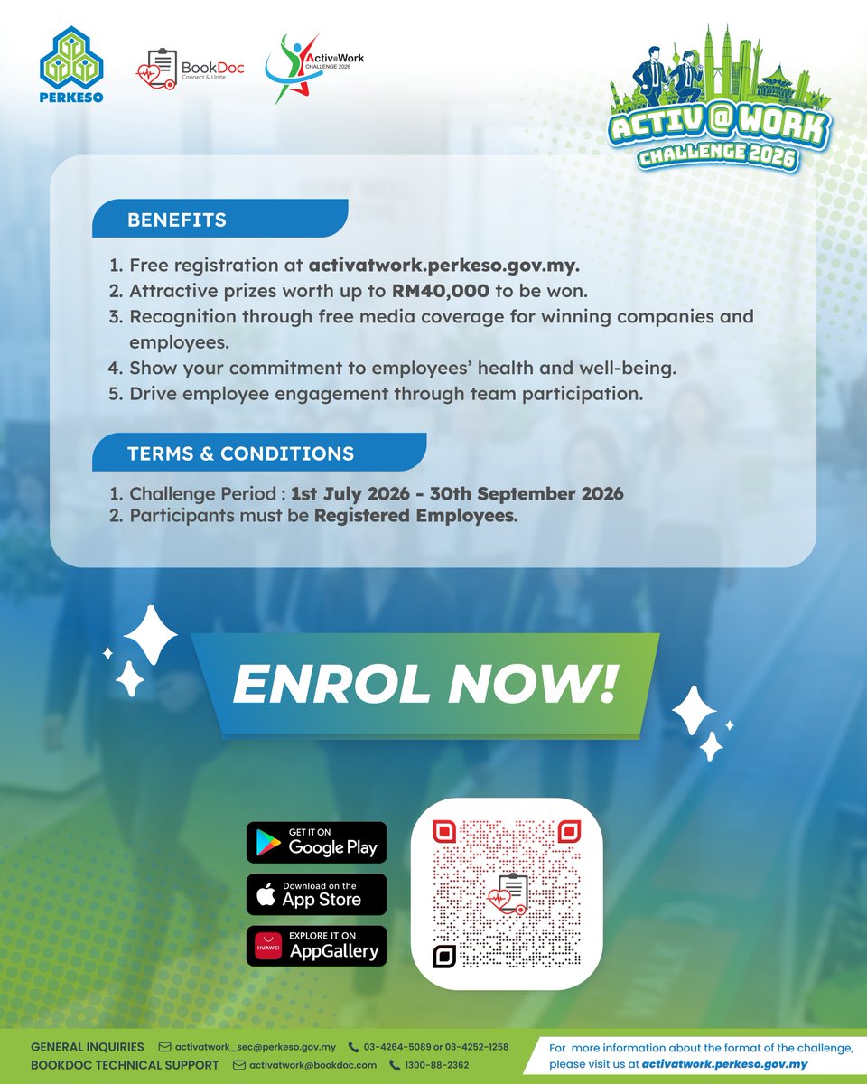 BookDoc's tweet photo. Healthy workplaces begin with active teams.

📅 1 July – 30 September 2026
🏆 Compete for a total prize pool worth RM40,000

Register your company now at https://t.co/v3Mnq5pyoC. https://t.co/uWPTCPVkWt