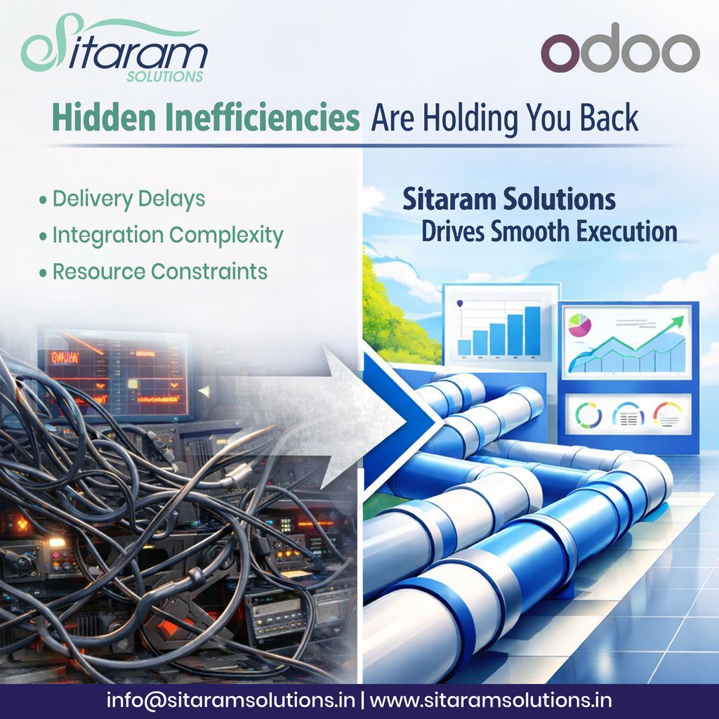 SitaramSolution's tweet photo. Hidden inefficiencies slow ERP growth.
Delays, integration complexity, and resource gaps add up fast.
A structured Odoo approach removes friction and keeps execution smooth.
#SitaramSolutions #Odoo #ERP #OdooPartner  #OdooServices #BusinessGrowth #ERPSolutions #OdooImplementation https://t.co/gUOxSd4vzz