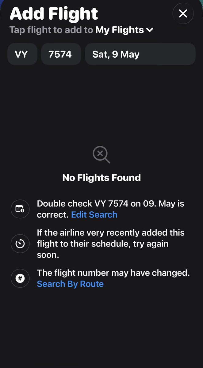 wizkebbeh's tweet photo. Hi @Flighty #Vueling flight VY 7574 (Barcelona → Banjul on Sat, 9 May) appears in flight tracking and schedule systems, but it doesn’t show up when trying to add it in the “Add Flight” search inside the app. Could you please check and add this flight to the searchable list? Thanks!