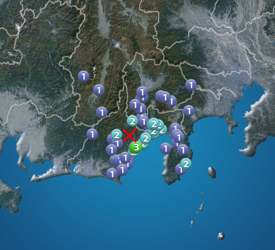wni_jp's tweet photo. 【地震情報】
5月8日 12:36 震度3
震源：静岡県中部 M4.2 深さ約10km
この地震による津波の心配はありません。
https://t.co/VhMPna9kUp https://t.co/sErE1hxjwY