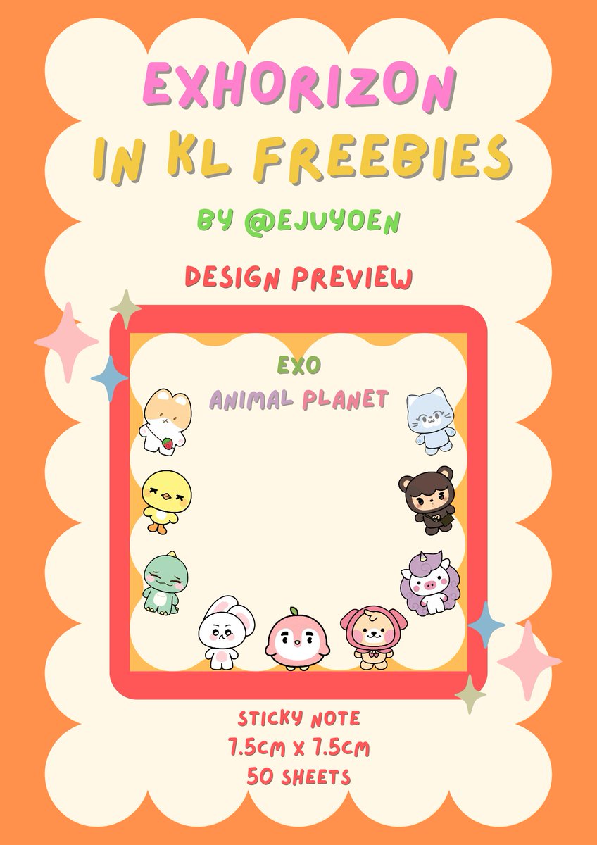 [HELP RT]

Freebies for EXO PLANET #6 - EXhOrizon in KUALA LUMPUR

EXO ANIMAL PLANET - Sticky Note
ℹ️ 7.5cm × 7.5cm
ℹ️ 50 sheets

Just come say "Hi" on D-day!
Trades are welcomed! DM to trade!

⏰️ TBA 
🗓️ 20 June 2026 
📍 Stadium Hoki Nasional

#EXhOrizoninKL #EXOinKL #EXO