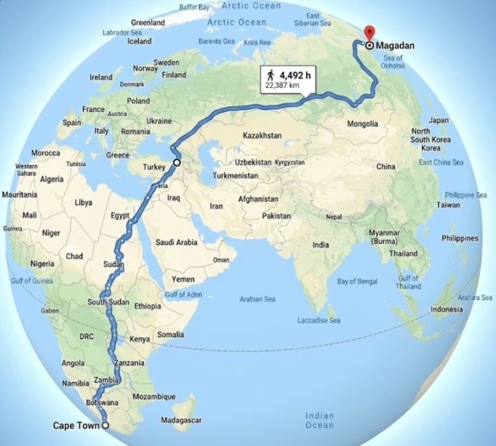 RT by @mikenov: The longest road in the world that a person can walk... The longest theoretically walkable road on Earth stretches from Cape Town to Magadan, spanning roughly 22,387 km (13,910 miles) without the need for any boat or air travel. The route passes through about 17 countries,…