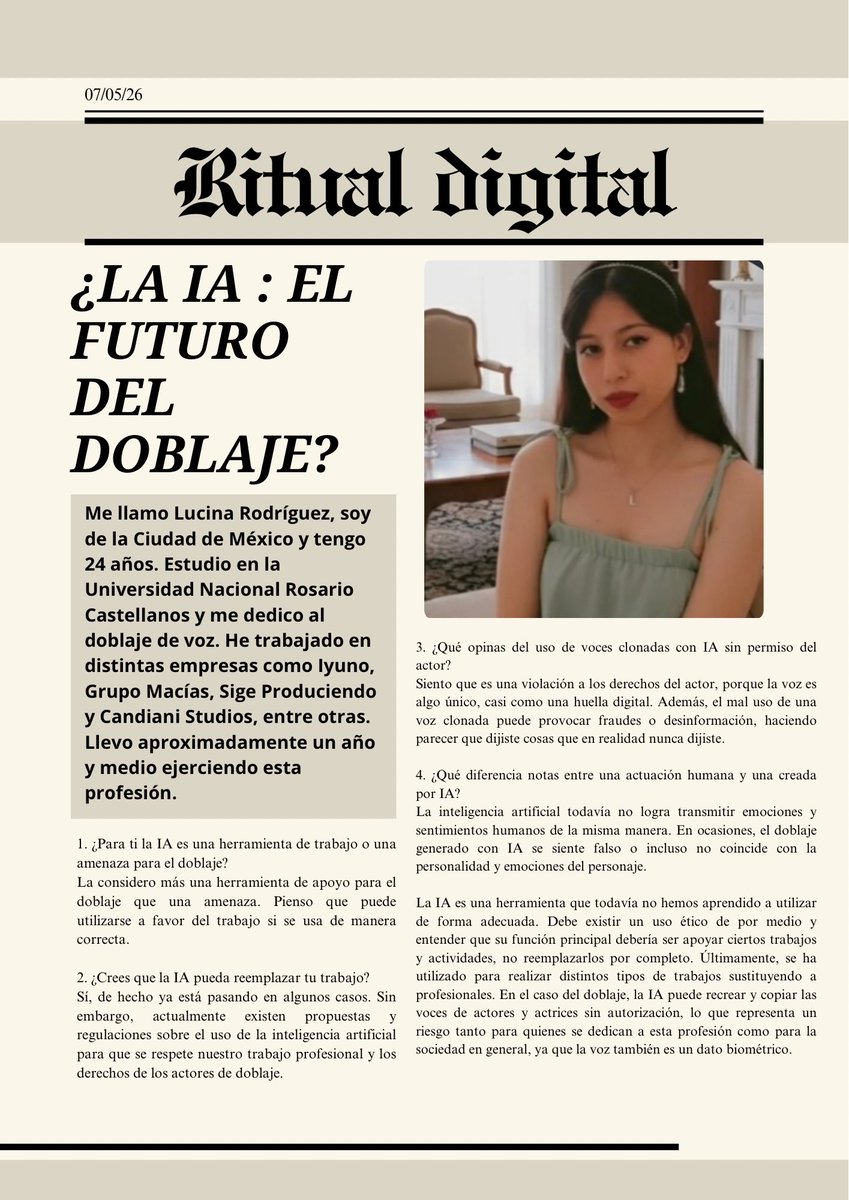 ritualdigitall's tweet photo. ¡¡¡La Inteligencia Artificial llega al doblaje!!!

Lucina Romo, actriz de doblaje, nos comparte lo que piensa acerca de la implementación de la IA en el doblaje y da su punto de vista acerca de esta nueva tecnología 

#doblaje #IA #actuacion https://t.co/mT5PPbcugD