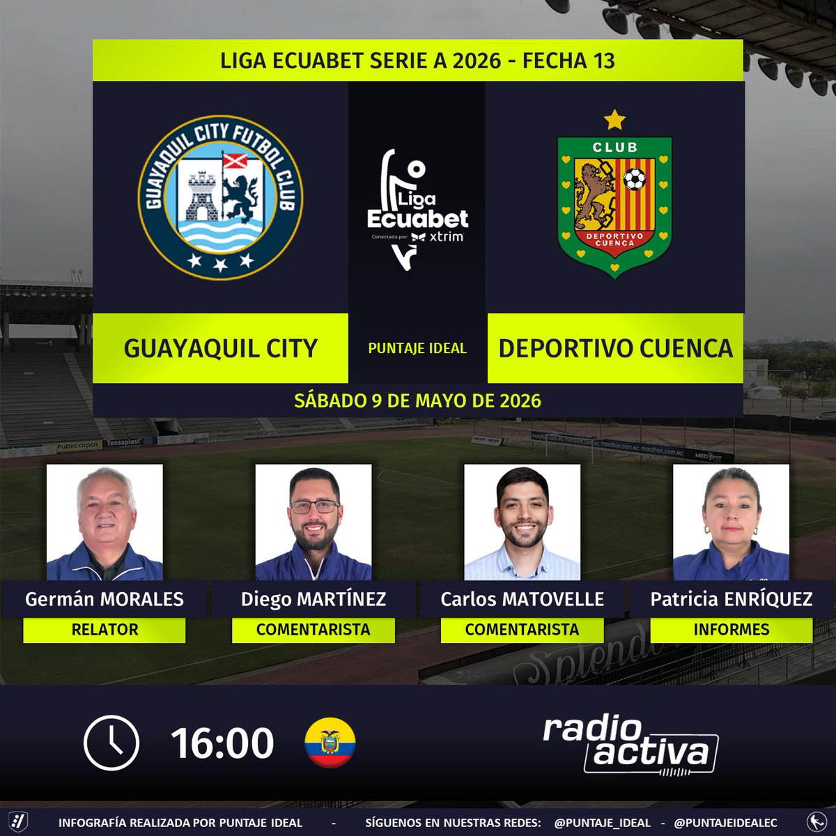 PuntajeIdealEC's tweet photo. ⚽ #LigaEcuabet 🇪🇨 | #GuayaquilCity vs. #DeportivoCuenca 
🎙 Relator: @geramocam
🎙 Comentaristas: @DiegoMartinez_C - @carlosmatovelle
📋 Informes: @PachiComunicar
📻 @radioactiva_ec
🤳 #Radioactiva 
Dale RT 🔃 https://t.co/jbQpd9iTVT