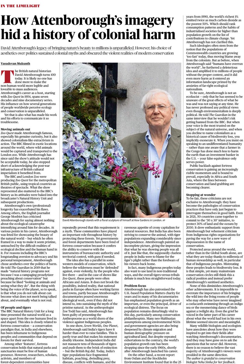 SanSip's tweet photo. In the Hindu, a critique of David Attenborough’s legacy: he "chose aesthetics over the politics of harm". https://t.co/CdWsnC8KaA