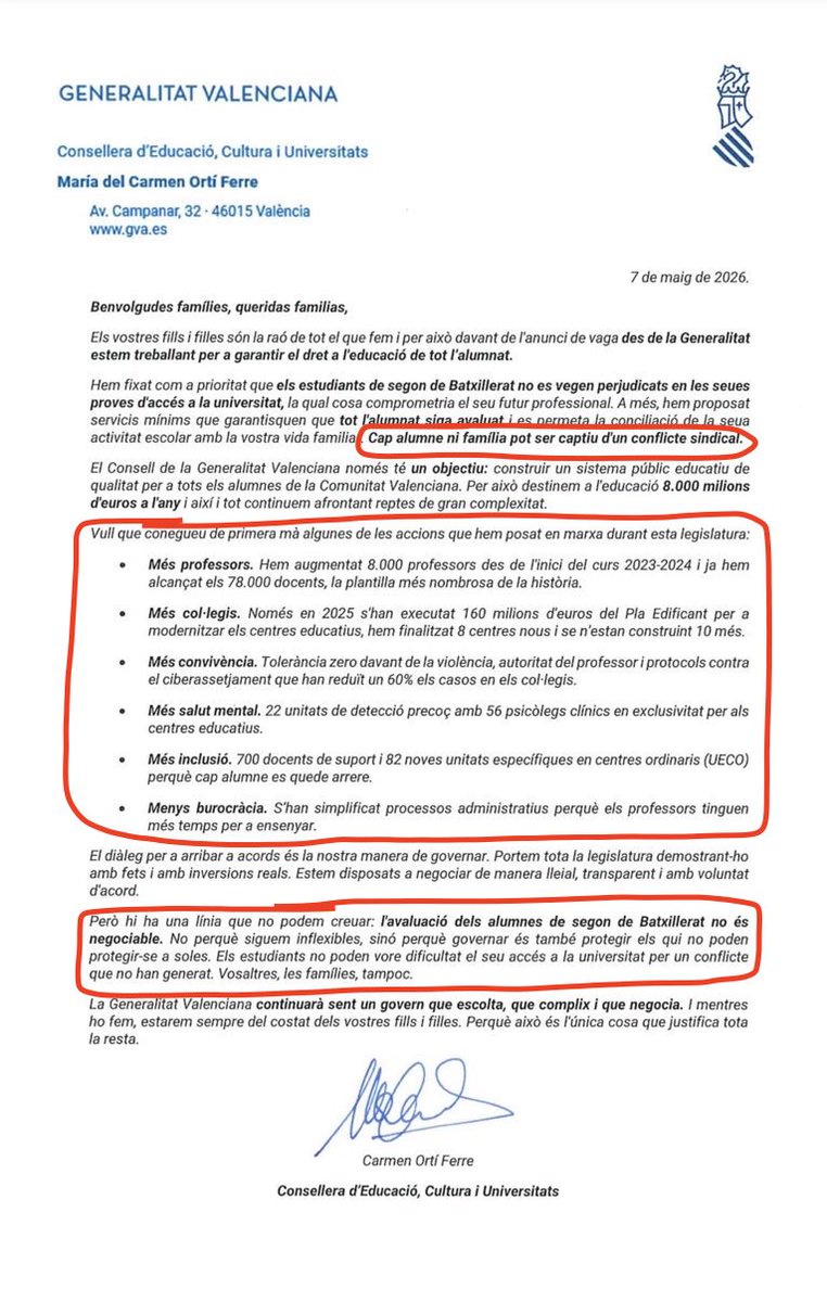 MiquelReal's tweet photo. Esta carta de la consellera d'Educació, Carmen Ortí, a més de ser insultant cap als seus companys, mestres com ella, és il·legal.
En concret incompleix el Codi de Bon Govern i la Llei de Publicitat Institucional.
Potser al @tcu_es, @elSindic o @AntifrauCV els interesse. https://t.co/IYXc3ge8Rd