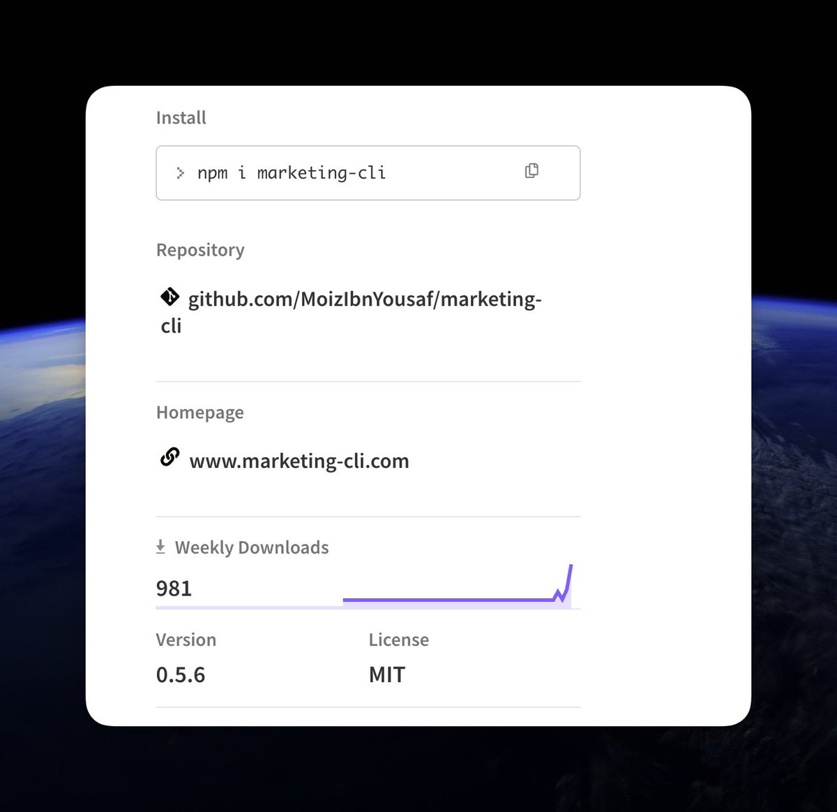 MoizIbnYousaf's tweet photo. almost 981 weekly downloads on the marketing cli

 the future is agent native cli's https://t.co/HVubWpVwSb