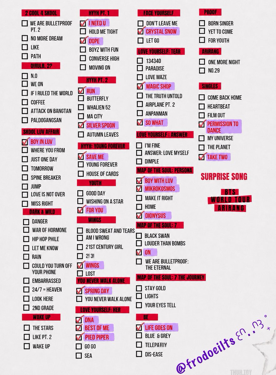 #BTS_WORLDTOUR_ARIRANG surprise songs:

📍MEXICO CITY 🇲🇽 (7, 9-10/05/2026)
Day-1: Boy In Luv &amp; So What

📍 EL PASO 🇺🇸 (2-3/05/2026)
Day-1: ON &amp; Outro: Wings
Day-2: Dionysus &amp; Best of Me

📍 TAMPA 🇺🇸 (25-26, 28/04/2026)
Day-1: Permission to Dance &amp; Magic Shop
Day-2: Boy with Luv &amp;