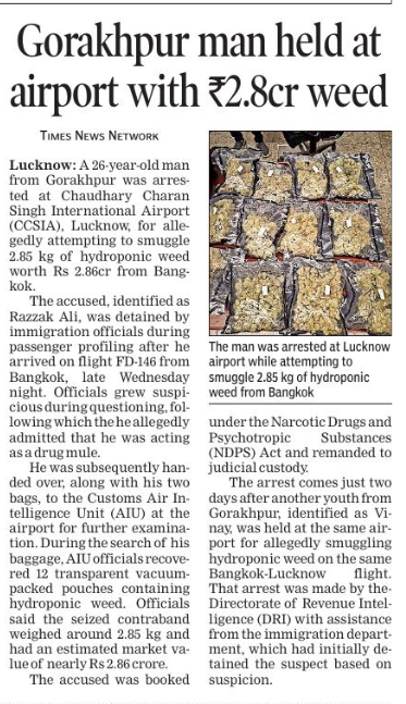 Arv_Ind_Chauhan's tweet photo. Another youth from Gorakhpur in less than week was arrested at Chaudhary Charan Singh International Airport (CCSIA), Lucknow, for allegedly attempting to smuggle 2.85 kg of hydroponic weed from Bangkok.  Both youth used FD-146 flight from Bangkok to land in Lucknow on Monday 1/n https://t.co/9cwUVJXS4D
