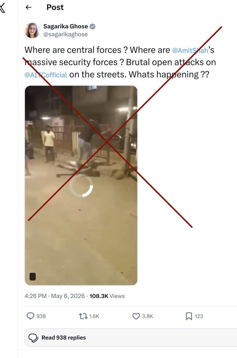 TMC MP Sagarika Ghose received take down notice from Kolkata Police.

She has deleted one tweet in which she was sharing old video from Maharashtra as violence happening in Kolkata.

Its Good to see Kolkata police is doing what they are supposed to do. No matter who is spreading