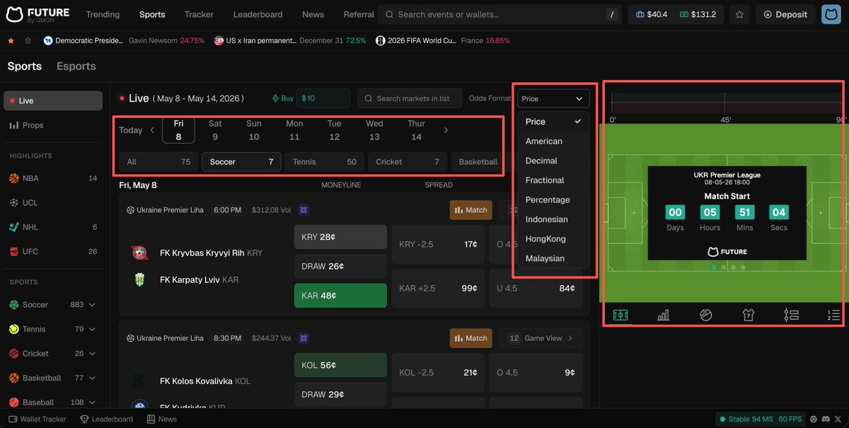 futuredotnews's tweet photo. Calling all Sports & Esports bettors! Your ultimate trading hub is here. 🏟️🎮

Future News just launched the dedicated Sports & Esports Channel, bringing a pro-sportsbook UI directly to Polymarket. (👀 Check the red boxes!)

📅 Find & Snipe Instantly: Use the new timeline and category filters to locate your matches in seconds and execute 1-click bets. 

📺 Live Match Center: Stop switching tabs! Watch Live streams and track real-time pitch data natively next to the order book (⚽️ Soccer exclusive). 

🧮 Custom Odds Formats: Don't like penny pricing? Switch instantly to American, Decimal, Fractional, or Percentage odds to match your trading style.

Watch the game. Read the data. Execute the trade. All on one screen. 👇 🔗 
https://t.co/deb32SHHIj