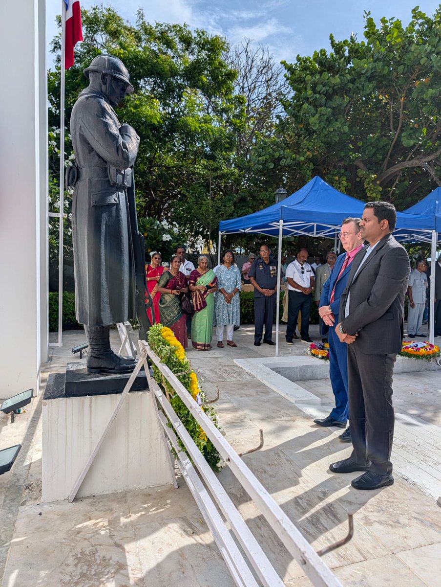 FranceinPondi's tweet photo. 🇫🇷🇮🇳 On the 81st anniversary of #VictoryDay, the Consulate General of France in Pondicherry &amp; Chennai paid tribute at the Puducherry War Memorial, following remarks by CG @etiennerp . Thank you to District Collector Shri A. Kulothungan, I.A.S., for joining us. https://t.co/ECxZkVNZuq