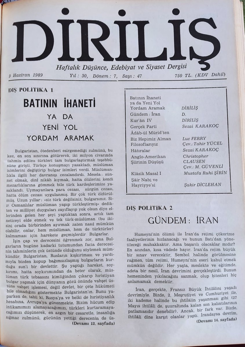 51Nizamettin's tweet photo. Merhum Sezai Karakoç'un 1989 yılında kaleme aldığı "Gündem: İran" başlıklı yazısı:
“Humeyni'nin ölümü ile İran'da rejimi çökertme faaliyetlerinin hızlanacağı ve bunun Batı'dan yönetileceği muhakkaktır. Ama başarılı olacaklar mıdır? En azından, kısa vadede hayır. İran'da rejim büyük bir sınav verecektir, Sembol halinde görülmesine rağmen, tüm rejimi, Humeyni'nin eseri kabul etmek mümkün değildir. Her yaşta, meslekte ve eğitimde, adeta bir nesil, İran devrimini gerçekleştirdi. Bunun hemeninden yıkılacağını sanmak, olup bitenleri hiç anlamamak demektir.
İran, gerçekte, Fransız Büyük İhtilalini yaşadı devrimiyle. Bizde, 2. Meşrutiyet ve Cumhuriyet ile, iki kademe halinde bu ihtilalin yaşanması gibi (27 Mayıs ihtilali de, şuuraltında kalan son kalıntılarının patlamasıdır denebilir). Ancak, bir fark var. Bizde, ihtilali dine karşıt olanlar yaptı. İran’daysa devrim, din adına yapıldı. Şahı devirmek için, komünisti, sosyalisti, kapitalisti ile tüm aydınlar, din adına hare ket edenleri desteklediler. Herhalde her bir akım, sonunda egemenliği ele geçireceğine inanıyordu. Dini teşkilat, bu yardımları kabul etti. Zaten öyle olmasaydı, Humeyni’nin Fransa'dan ihtilali yönetmesi mümkün olamazdı. Bizde, askerler devreye sokulduğu halde, Iran'da aydınlar ve halk devrimi yaptı; başarıya ulaşınca da, yüksek rütbeli subaylardan birçoğu da kurşuna dizildi.
Sathi bir bakışla, beklenirdi ki, Şahı bir asker devirsin. Ama öyle olmadı. Şahın son anda tasfiye etmek istediği Din teşkilatı yaptı. Din adamları tehlikeyi sezip Şah'tan önce davrandılar. Tabii ki, dediğimiz gibi, din adamlarının tek başlarına, hatta halkla birlikte böyle bir ihtilali gerçekleştirmeleri İmkansızdı. Çoğu Batı'da eğitim görmüş, belki farklı düşüncelere sahip bir kadro, ayetullahların gölgesinde yaptı ihtilali. Sonra din adamları ve onların aydın kadrosu halkla bütünleşerek solcu ve batıcı aydınları bir an için tesirsiz bıraktı. Ancak onların tam tasfiye olduklarını sanmak da yanıltıcı olur. Onlar içerde ve dışarda fırsat beklemektedirler. Zaten. edebiyat, öyle anlaşılıyor ki, daha çok solcuların elinde. Devrim terminolojisi, daha çok sol ifadeli.
Humeyni'ye bağlı aydınlar kadrosu, önümüzde ki zaman parçasında büyük bir imtihan verecektir. Ya devrimi yerleştirme ve yerlileştirme başarısını gösterecekler, ya da bir anarşi ve kaosa teslim edecekler ülkelerini.
*
Şah neden devrildi? diye sorulacak sorunun cevabı, demin ipucunu verdiğimiz düşüncede yatıyor. 200 yıldır tüm İslâm ülkelerine olduğu gibi, İran'a da ihrac edilmek istenen devrimin, her sefer, şahlar tarafından başarısızlığa ya da ertelemeye uğratılmasına rağmen, bir gün mutlaka gerçekleşeceği bel-liydi. İşte beklenen ve adeta mukadder olan o ihtilal, şahın zamanında oldu. Şah niçin önleyemedi ih-tilali? Çünkü hep yanlış hareket etti. Belki de, onu, Batı ve Amerika yanılttı. Anlaşılıyor ki, tam bir ba tıcı tip olduğu halde, Bağdat Paktına girmesi, sürekli silahlanıp hava gücünü modernize ederek, Körfez ülkelerini işgal hevesini taşıması, İngilizlerin boşalttığı bu petrol bölgesini Amerikalılar kendi nüfuz bölgelerine almak isterken onlarla en azından ortaklığa niyetlenmesi, onu Amerika ve Batının gözünden düşürdü. Dışı kapitalist Batı tipi. İçi hala eski Iran olan bir devlet görünümündeydi Şah'ın devleti. Fransız Büyük İhtilali yaşanmamıştı orda. Bu ise Batı'nın bir kompleksidir. Batı her yere Fransız ihtilalini taşımak ister. Aynı ihtilal, Rusya ve Çin'de komünist ihtilali olarak gerçekleşti, Şah böyle bir tehlikeyi görecek düşünce ihatasından mahrumdu. Şah içerde büyük bir hata işleyip çok partili düzeni, az çok demokratik olan düzeni yıktı. Tek partili sisteme döndü. Sorumlulukları parti başkanlarına bırakıp kendisi biraz üst planda durması gerekirken, demokrasiyi yıkması, tüm sorumlulukları üstlenmesi anlamına geldi ve hedef kendisi oldu. Amerika'da korkunç bir serveti bankaya yatırması da bu ihtilalde Amerika'nın onu harcaması için sebeplerden biri olabilir. Nitekim Şah devrilince, Amerika yeni rejimle çatışıp o korkunç serveti dondurdu. Yani Iran'a vermedi. Bir nevi el koymuş oldu ona.
Zamanın değişmesiyle daha çok halka yaklaşması ve halkı daha çok yönetime sokması gerekirken, tam tersine zaten ötedenberi alabildiğine otoriter olan yönetimi büsbütün sertleştiren, partileri kapatıp tek parti kuran, Tanrıdan kendisine ilham geldiğini iddia eden, gurura saplanan, babası çavuşluktan gelmiş ve hanedanın silsilesi sadece iki şahtan ibaret iken kendisini 2500 sene evvelki efsanevi şah Kuruş'a bağlayan, Iran Imparatorluğu'nun 2500 üncü yılını imparator olarak kutlamaya kalkışan, tö ren için Iran dağ ve bağlarında çiçek yokmuş gibi Paris'ten uçakla çiçek getirten, kısacası halkla hiç bir diyalog kuramayıp ona ters düşen Şah, bütün bu görünüş ve davranışlarla ihtilalcilerin ekmeğine yağ sürdü. Onu kolayca devirmeyi becerdiler.
Acaba, şah, son anda bile, ihtilal arefesinde yapılan, bir milyon kişinin katıldığı Kerbela törenlerine, cesaret gösterip de, yalınayak başaçık, halkın başında katılsaydı aynı kolaylıkla ihtilal yapılabilecek miydi? Oysa, Şah tam tersine, her zamanki sarayını da bırakıp başka bir izbe saraya kaçmıştı.
İranlılar, yani acemler, meşhur olduğu üzere, mübalağacı bir zihniyete sahiptirler. Bir yanıyla Fransız İhtilalinin özgürlük düşüncesini, yani hükümdar önünde kişinin de bir hakkı olduğu düşüncesini getiren, bir yanıyla da İran'da şiiliğin din teşkilatının nefs müdafaası sebebiyle devlete el koyması olan, gerçekte İran milliyetçiliğine dayalı devletin yeni bir biçimlenmesi gibi görünen 1979 devrimini, evrensel İslâm devrimi gibi göstermek, yine İranlılara mahsus bir mübalağadan, çağa da uygun dışa yönelik bir propagandadan başka bir şey değildir. Anayasaları Caferi mezhebini resmî mezhep kabul eder. Pratikte de tüm düzen şiiliğe dayanır. Devletin adı İslâm Devleti değil, İran İslam Cumhuriyeti, devrimin adı İslâm Devrimi değil, Iran Islâm Devrimi'dir. İranlılar zaten tarih sahnesine çıktılar çıkalı, dünyayı ikiye ayırırlar: İranlılar ve başkaları. Yüksek dağlarla çevrili bir düzlük olan coğrafyaları, bir parça, bu mizacın ruh yapısını oluşturan şartların başında gelir denebilir. Ama tekniğin bu kadar ilerlediği ve coğrafyaların küçüldüğü bu devirde, artık biraz bu şartların dışına ve üstüne çıkmak lazımdır. Halâ eski alışkanlıklarla, mahalliliğin, kendine dönüklüğün esiri, mahkûmu olmamalı. Bin dört yüz yıldır, İslâm, Müslümanların kardeşliğini ve birliğini haykırıyor. Yorum farklılıklarından dolayı Müslümanlar birbirlerine düşman olmamalıdır. Osmanlı - İran karşıtlığı tarihte kalmıştır ve kalmalıdır. Onlar, belki dünya hâkimiyeti için çarpıştılar. Ama bugün gerek İran, gerek Türkiye, düşmanlarının büyük tehdidi altında olduklarından, birleşmek ve dayanışmak zorundadırlar. Yoksa düşmanları, ilkin, onları dünyada yapayalnız bırakıp sonra parçalamak istemektedirler. Bugün bir protokol meselesi olan bayrağı yarıya indirmeyi bile çok görenler, işte bu dayanışmayı sabote etmek isteyenlerdir.
*
İran devrimi, çok kanlı geçti. Kan dökülmeden İslâm düzenine geçilmesini gönül arzu ederdi. Fakat İran mizacı bunda da kendini gösterdi. Önce ihtilal, sonra savaş çok pahalıya mal oldu İran halkına, İran halkı çok ıstırap çekti. Savaşı çıkartmanın sorumlusu şüphesiz Irak'tır. Ama İran'ın da, hemen savaşa atılmadığını, önlemeye çalıştığını, sulh çözümü aradığını söylemek mümkün değildir. Ve yine gönül istiyor ki, hiç olmazsa bundan sonra, Iran halkı ıstırap çekmesin, huzur yüzü görsün. Bazı evlatlarının iç savaş, düşmanlarının da istila savaşı arzuları bir sonuç vermesin.
Ve yine gönül istiyor ki, İran bundan böyle, daha geniş bir İslâm anlayışıyla, gerçekten bir İslâm devrimi yapmak için uzun vadeli bir planla işe girişsin. Kültüre önem versin. İslâm edebiyatını ve düşüncesini geçmiş köklerine inerek diriltsin. Hafız, Nizami, Sadi, Attar ve nice değerleri bir kalemde çizip atmasın. Hatta bunları, ingiliz, fransız, alman dillerine çevirtip oralarda en güzel baskılarla yayınlatsın. Bunun için paraya acımasın. En güçlü alman, fransız, ingiliz, arap şairlerine mümkünse bu çevirileri yaptırsın. Kültürün silahtan daha etkili olduğunu bilsin. Ve Batıyı içten fethetmek için bu ağır topları harekete geçirsin. Yalnız bunları mı? Asıl büyük topları da elbet. Gazali, Muhyiddin-i Arabî, Mevlâna v.b. sayısız büyüğümüzü.
Tabii ki biz asıl Türkiye'nin, memleketimizin aklını başına toplamasını ve İslâmı, en parlak güneşten daha parlak olan imamları, bilginleri, velileri ve şairleriyle dışarıya tanıtmasını istiyoruz. Yeni bir aydın kadro yetişecek ve inşallah, Türkiye'yi bu gerçek ideal düzeyine çıkaracaktır. Sonra, arabıyla, iranlısıyla, hintlisi ve afrikalısıyla bir araya gelip İslâm medeniyetinin yeniden dirilişi dönemine ayak basacağız. “ (Sezai Karakoç, Diriliş dergisi, 9 Haziran 1989, Sayı: 47)