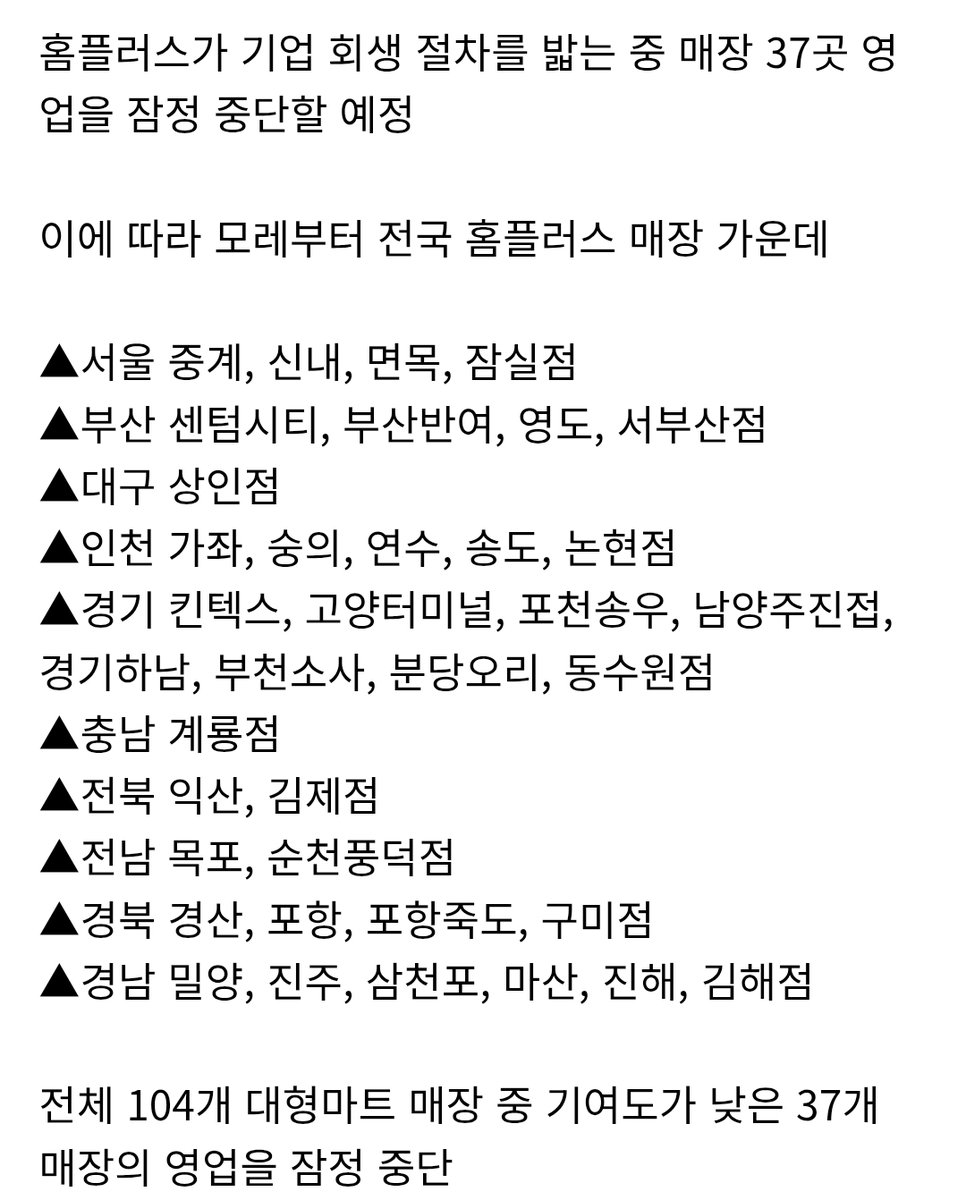 홈플러스에서 영업 중단하는 37개 매장