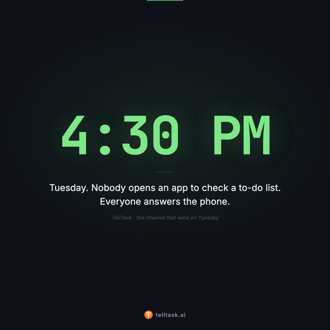 telitask's tweet photo. Hot take: nobody opens an app to check their to-do list at 4:30 on a Tuesday. Everyone answers the phone. TeliTask. $79/month. https://t.co/UYmfJjvXDJ