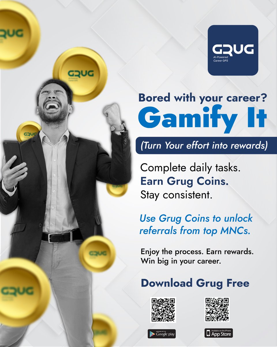 Don't just work, play your way to success with Gamify It!
Earn rewards for completing daily tasks and unlock opportunities with top MNCs.
Download Grug Free and start winning today. 📷
Download Grug AI FREE

#gamification #GrugAI #CareerGPS #GamifyYourCareer #GrugCoins