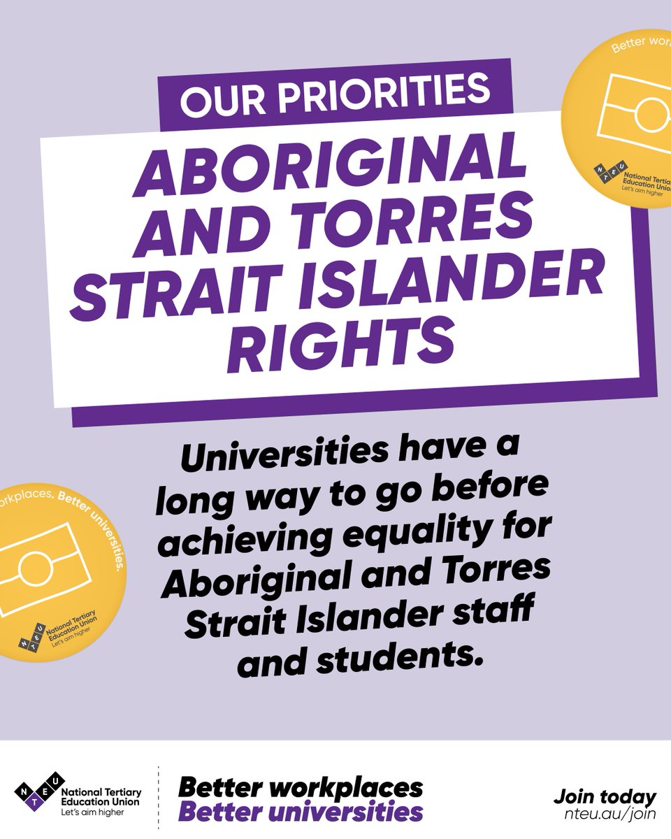NTEUnion's tweet photo. Inclusive Workplaces. Better Universities.

We need universities to commit to equitable Aboriginal &amp; Torres Strait Islander employment targets, and ensure that they are creating inclusive spaces that embrace kinship, cultural and community obligations, to ensure mob are supported https://t.co/vZZxJoEZE1