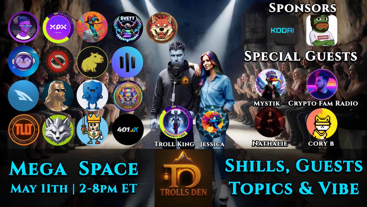🧌 TROLLS DEN MEGA SPACE 🧌
⛰️ 6-HOUR MEGA SPACE TAKEOVER ⛰️

📅 Monday • May 11th
⏰ 2:00 PM - 8:00 PM ET
📍 x.com/i/spaces/1XGyg…
🔥 Sponsored by @kodai_xyz &amp; <a href="/NormieCEO/">Normie</a>
 
This is gonna be LEGENDARY. 6 straight hours of organised chaos, gems, and Troll Den energy you do NOT