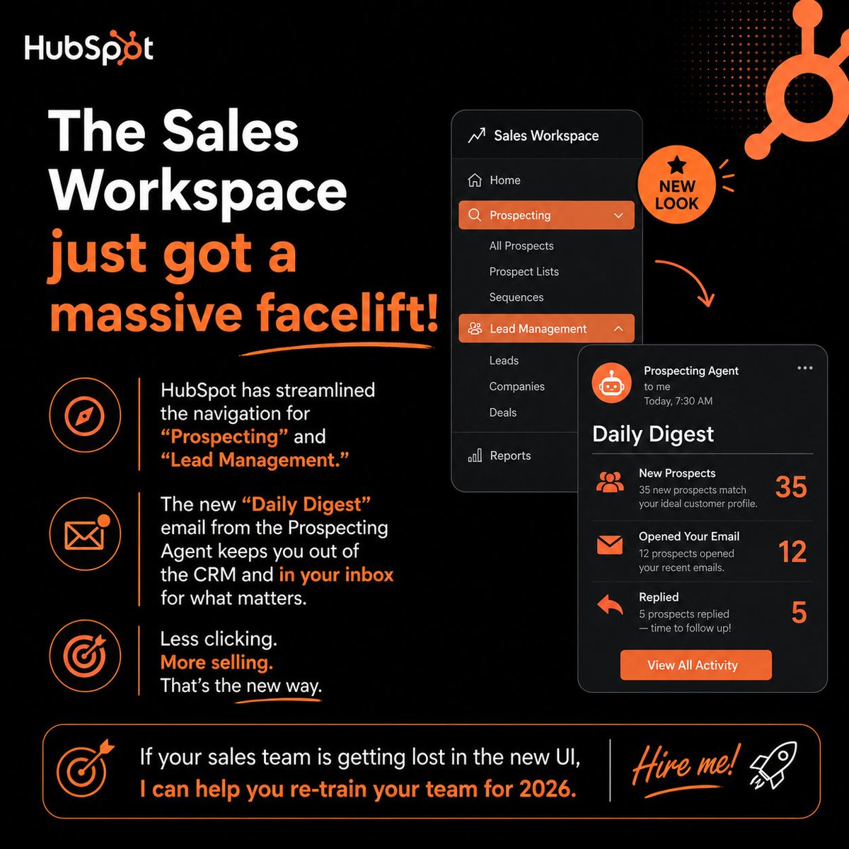 SaleemRevops's tweet photo. HubSpot’s Sales Workspace just got a major upgrade 

New Prospecting + Lead Management navigation.
Daily Digest keeps reps focused without living in the CRM.
Need help training your sales team for the new UI? DM me. #SalesOps #HubSpotExpert #JobSearch https://t.co/xESP8OYKXQ